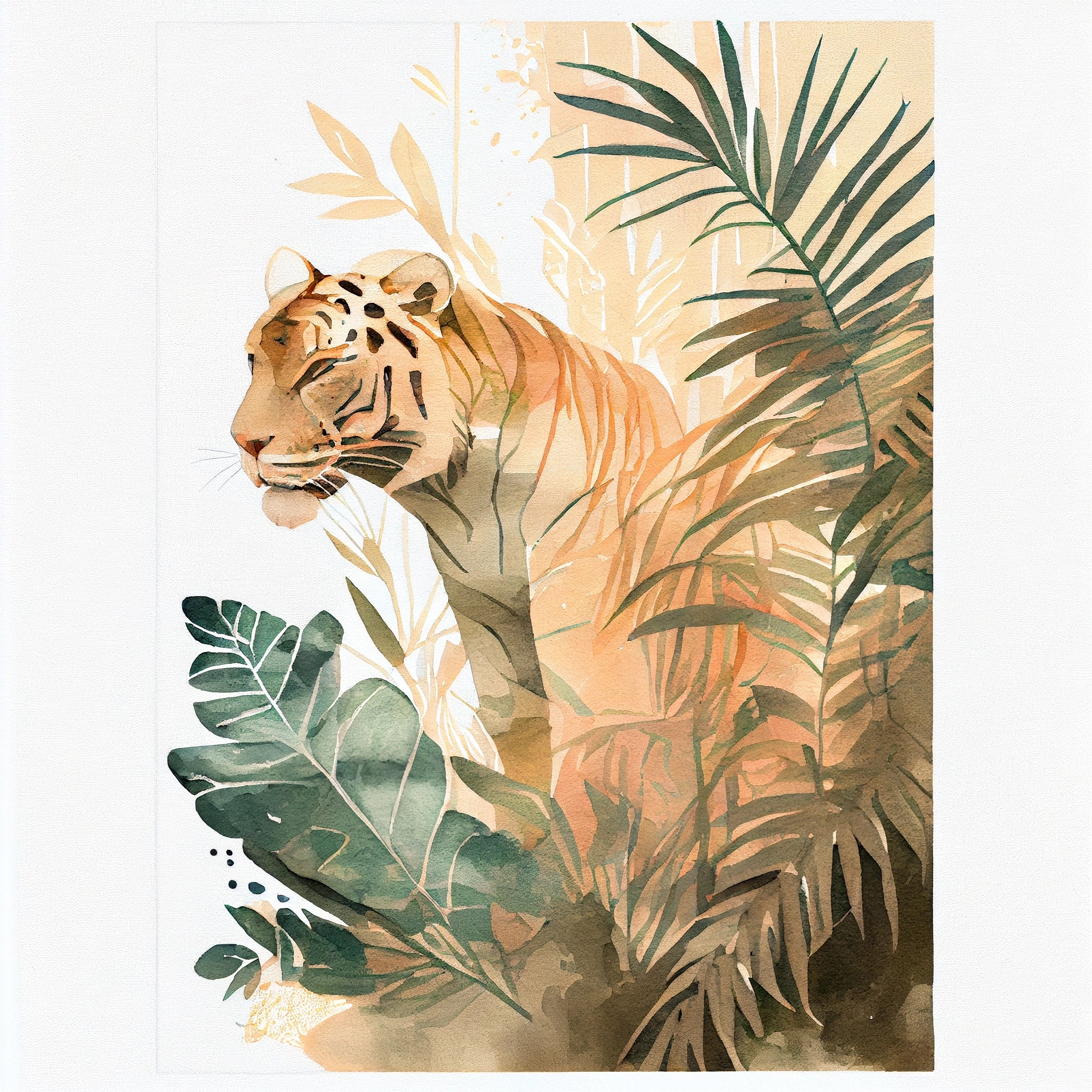 "A Watercolor Graphic Print of a Tiger in a Jungle on a Light Peach Base Color"