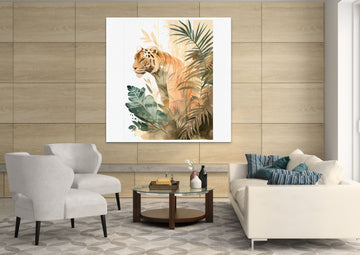"A Watercolor Graphic Print of a Tiger in a Jungle on a Light Peach Base Color"