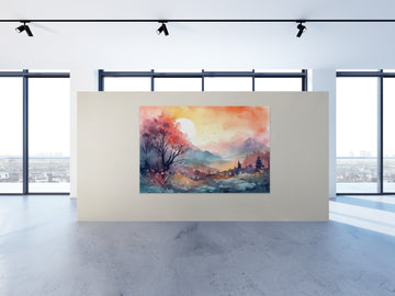 Print of a Watercolor Landscape: A Serene Scene in Pink, Blue, and Yellow