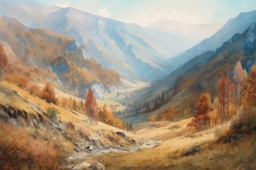 A Serene Escape: Watercolor Print of a Beautiful Valley Nestled in the Mountains