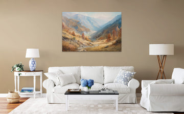 A Serene Escape: Watercolor Print of a Beautiful Valley Nestled in the Mountains
