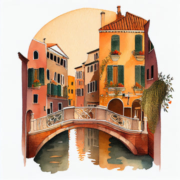 Venetian Charm: Watercolor Print of a Canal Bridge and Orange Buildings in Italy