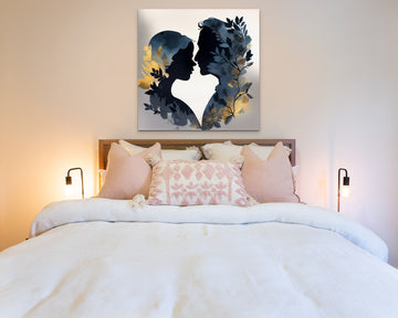 Blue Hour Shadows: A Dreamy Watercolor Painting Print of a Couple's Black Silhouettes on a Grey Background, with Gold Leaf Accents