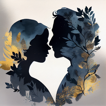 Blue Hour Shadows: A Dreamy Watercolor Painting Print of a Couple's Black Silhouettes on a Grey Background, with Gold Leaf Accents
