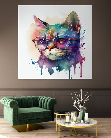 Sparkling Feline Fashionista Print: A Watercolor and Pixel Art Fusion with Moody Lighting