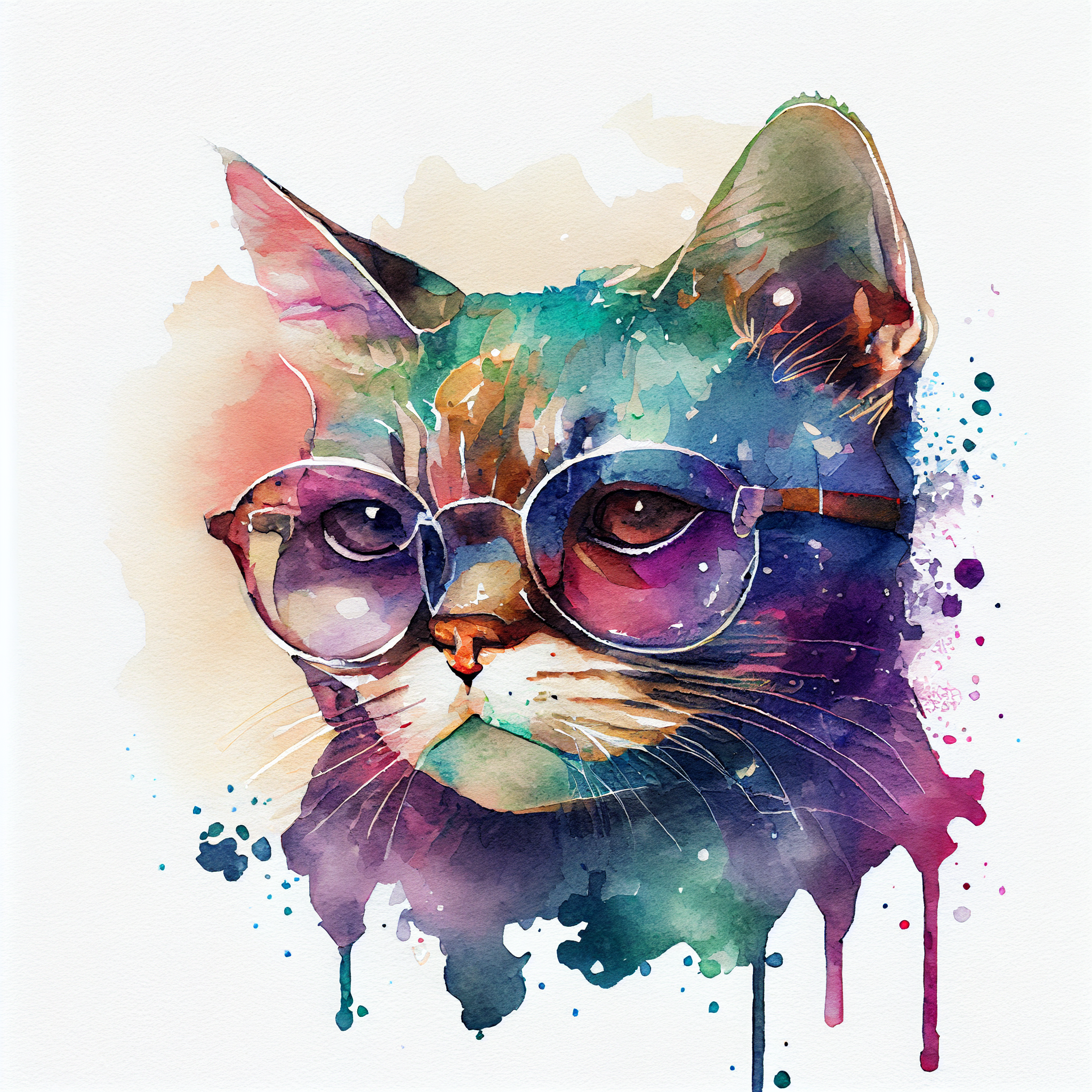 Sparkling Feline Fashionista Print: A Watercolor and Pixel Art Fusion with Moody Lighting