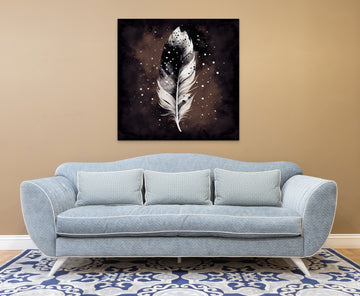 Feathered Elegance: Watercolor Print of White Feather on Bold Dotted Black and White Background