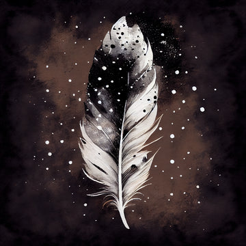 Feathered Elegance: Watercolor Print of White Feather on Bold Dotted Black and White Background
