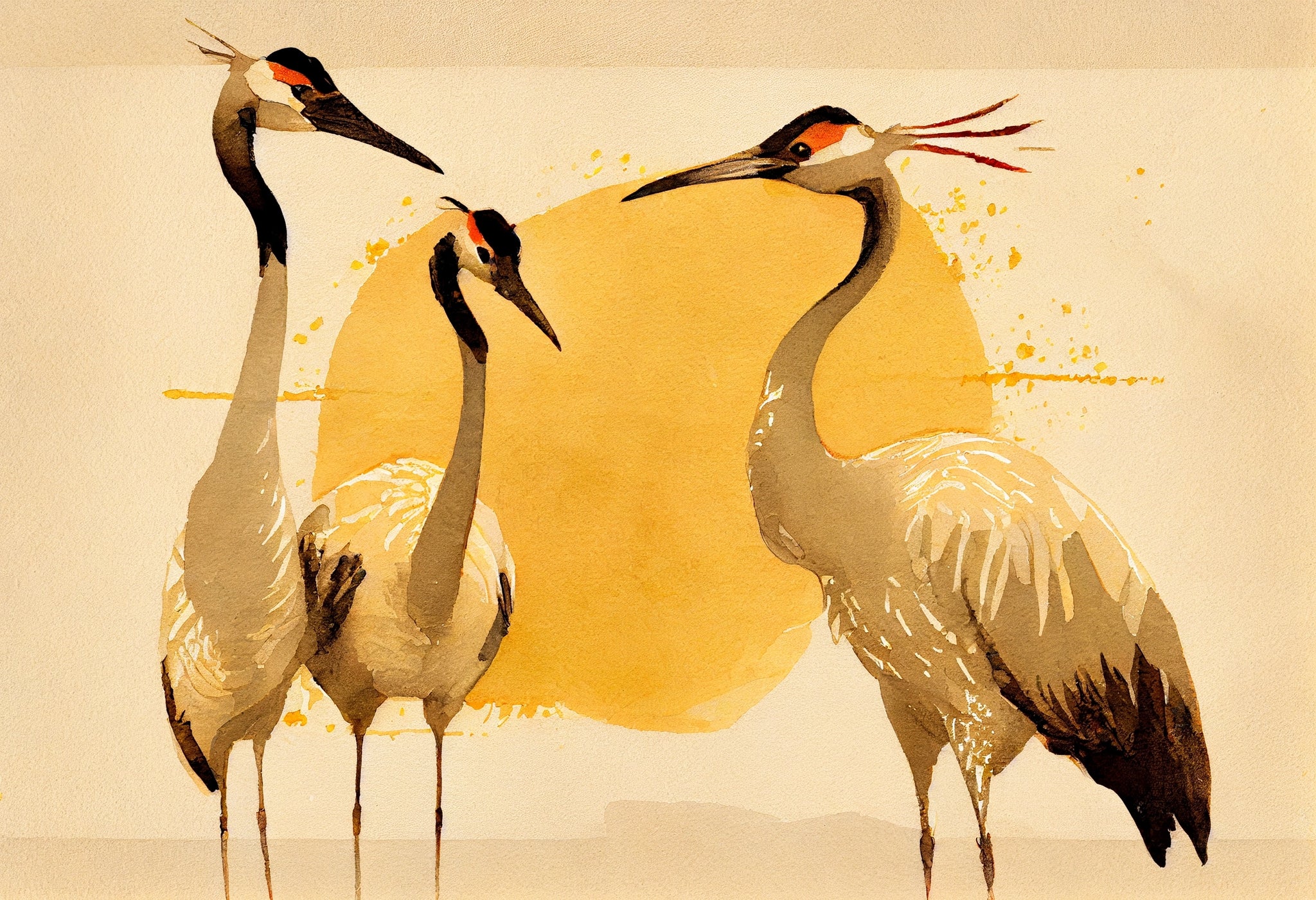 Red-Eyed Cranes: A Delicate Watercolor Art Print with a Unique Grid Background