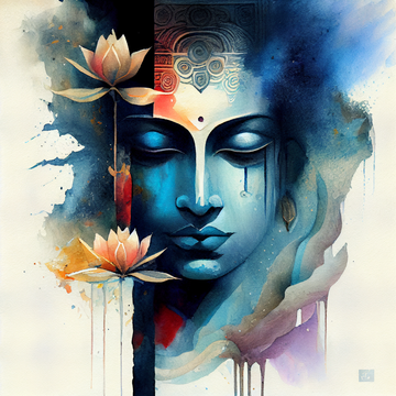 Divine Essence: A Modern Art Watercolor Print of Lord Krishna's Radiant Face