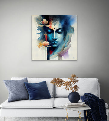 Divine Essence: A Modern Art Watercolor Print of Lord Krishna's Radiant Face