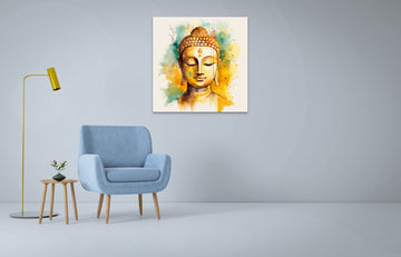 A Captivating Watercolor Print of Lord Buddha in Shades of Yellow