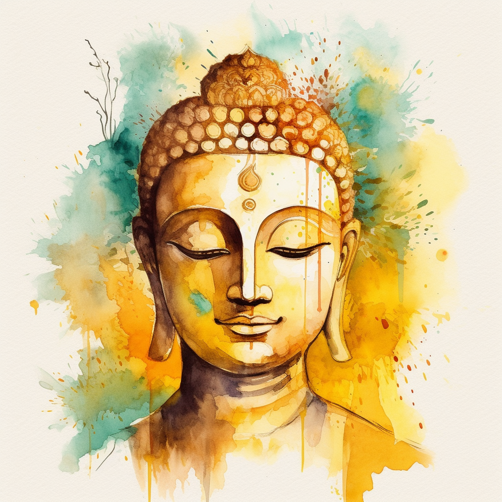 A Captivating Watercolor Print of Lord Buddha in Shades of Yellow