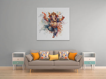 Divine Celebration: A Colorful Watercolor Print of Lord Ganesha Dancing with Joy