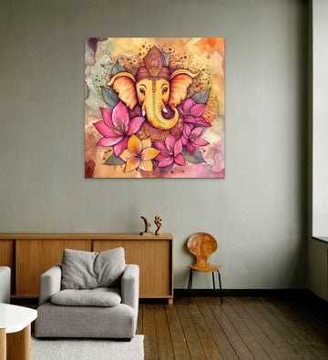 Floral Majesty: A Watercolor Print of Lord Ganesha in Magenta and Yellow Hues