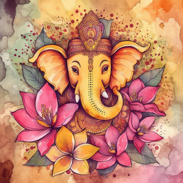 Floral Majesty: A Watercolor Print of Lord Ganesha in Magenta and Yellow Hues