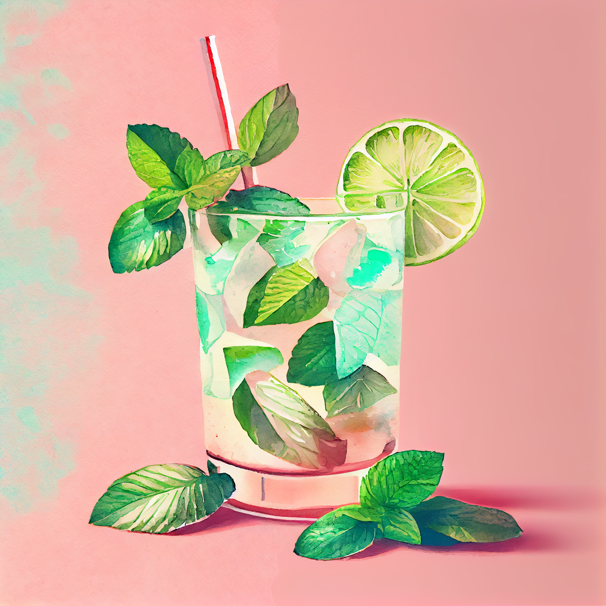 Mojito Refreshment: Watercolor Print of a Cocktail with Mint and Lime on a Pink Patterned Background