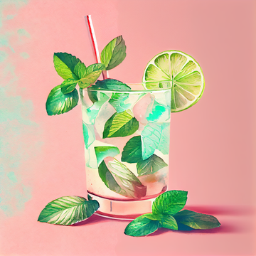 Mojito Refreshment: Watercolor Print of a Cocktail with Mint and Lime on a Pink Patterned Background
