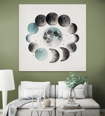 Mystical Lunar Phases: Watercolor Print on a Serene Grey-Blue Background