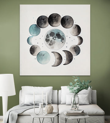 Mystical Lunar Phases: Watercolor Print on a Serene Grey-Blue Background
