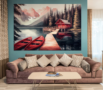 Serene Escape: Red Canoes on a Mountain Lake Print