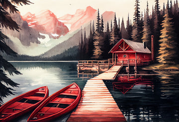 Serene Escape: Red Canoes on a Mountain Lake Print