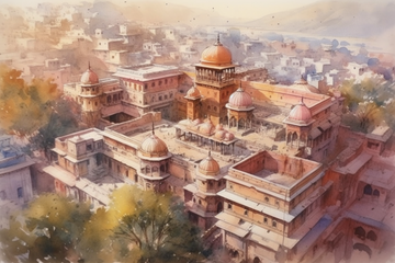 Captivating Aerial View: Hyperrealistic Watercolor Print of Jaipur Pink City