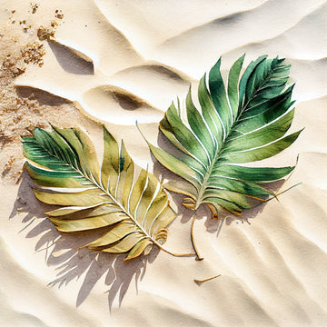 Golden Oasis: A Watercolor Print of Two Palm Leaves in Golden and Green Resting on a White Sandy Sea Bed