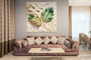 Golden Oasis: A Watercolor Print of Two Palm Leaves in Golden and Green Resting on a White Sandy Sea Bed