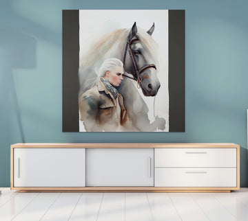 Graceful Equine: Captivating Watercolor Art Print of a Man and his Majestic Horse