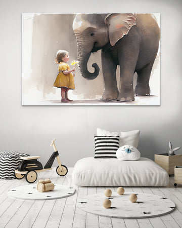 Graceful Encounter: A Small Girl and an Elephant in a Beautiful Watercolor Art Print