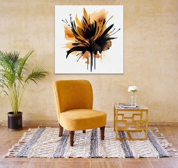 Golden Bloom: A Stunning Watercolor Flower Print with Brush Strokes of Black and Hues of Golden Light