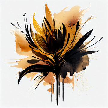 Golden Bloom: A Stunning Watercolor Flower Print with Brush Strokes of Black and Hues of Golden Light