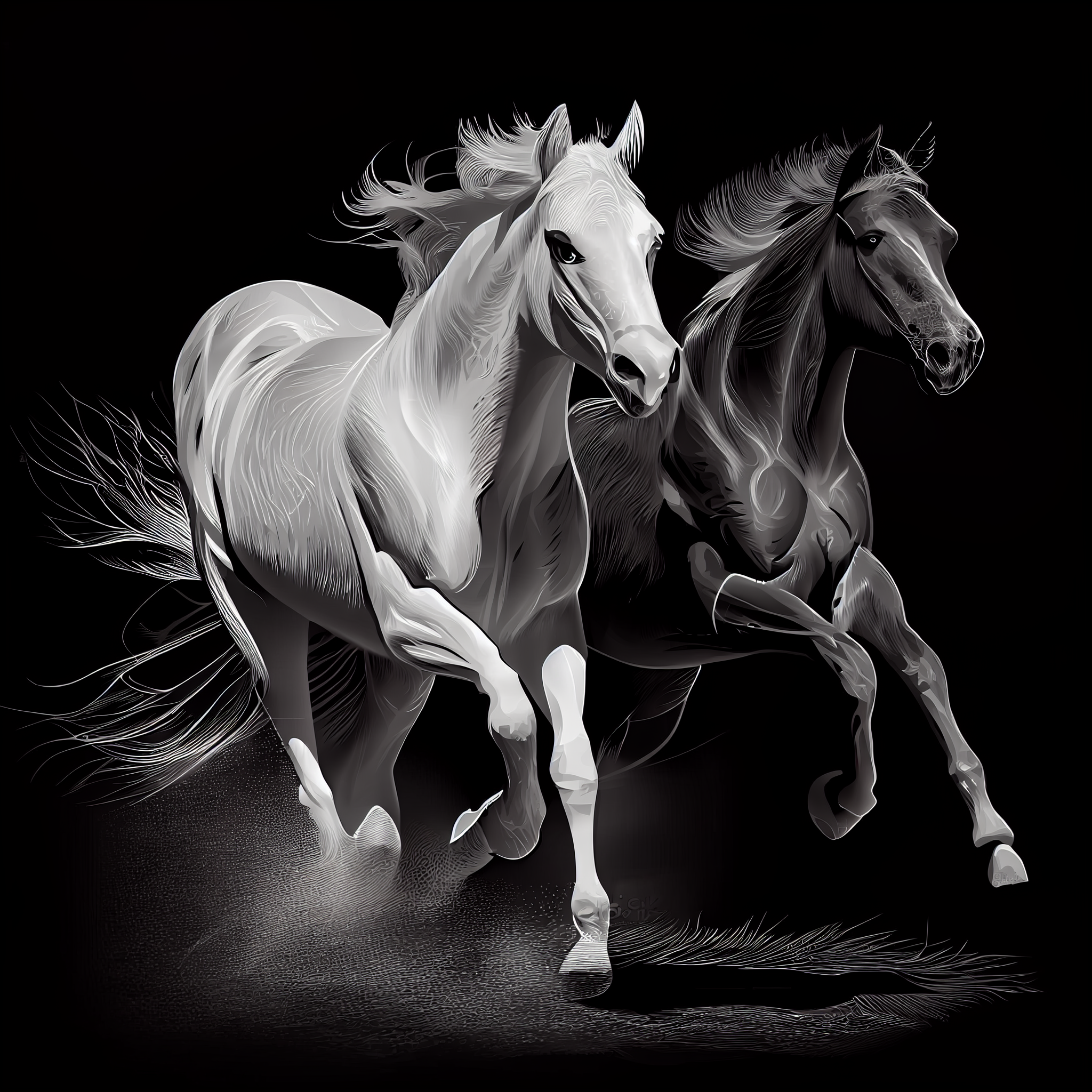 Gallop of Grace: A Stunning White Charcoal Vector Art Print of Two Horses Running on a Black Background