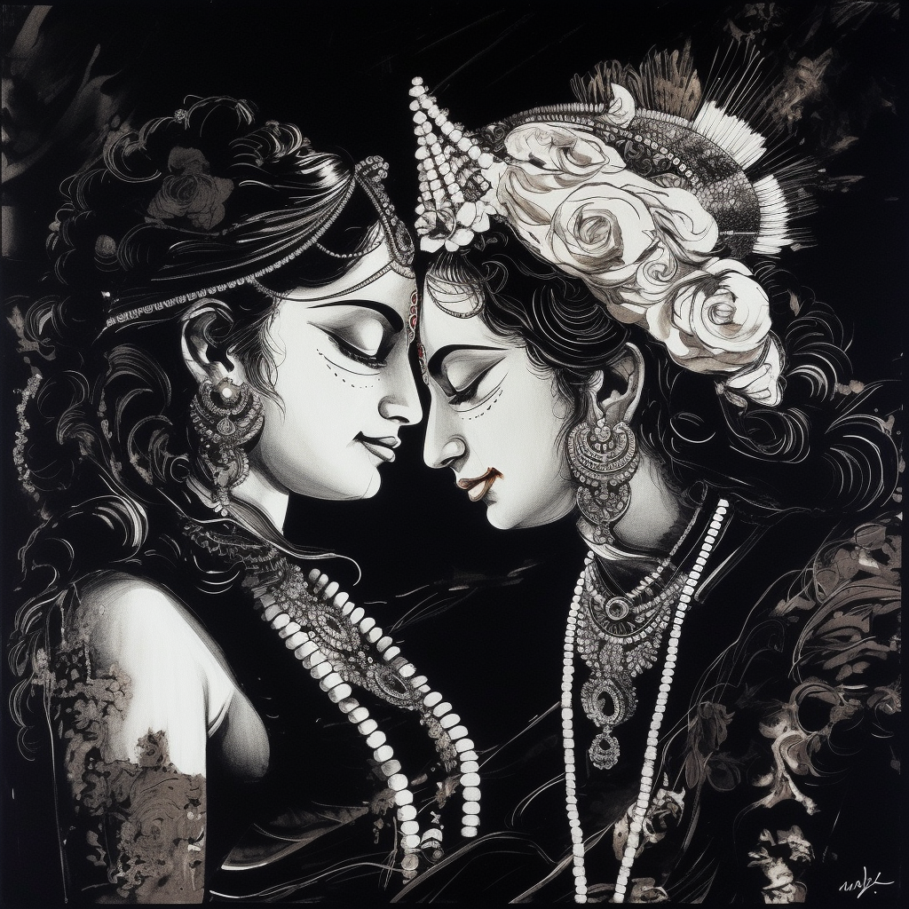 Love in Contrast: A Stunning White Ink Color Print of Radha Krishna on a Black Background