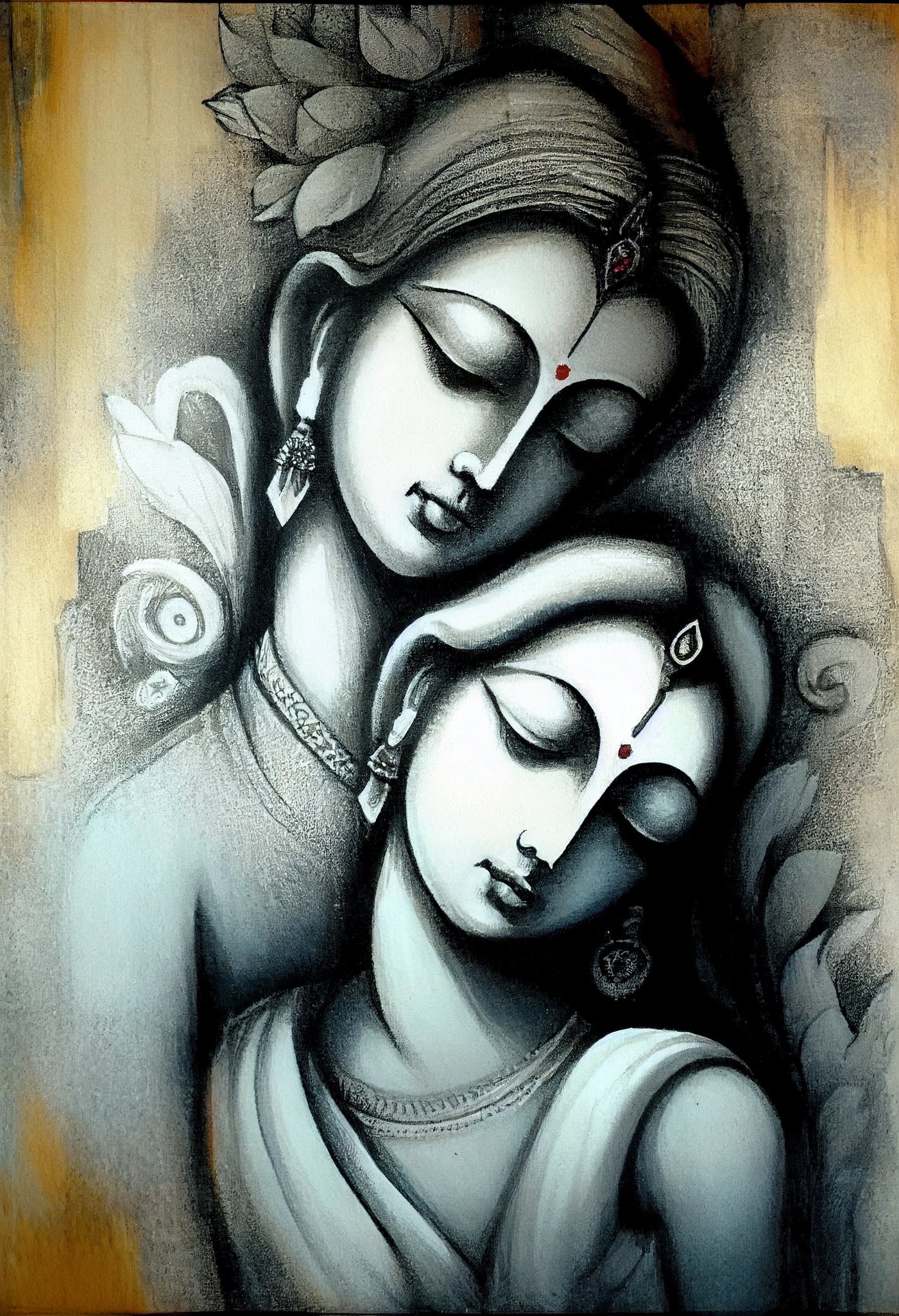 Eternal Love: A Black and White Pencil Modern Art Print of the Divine Couple Radha Krishna