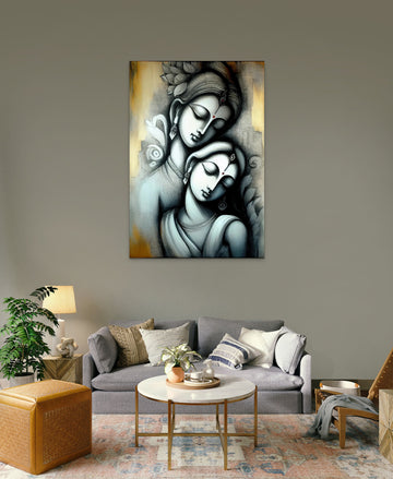 Eternal Love: A Black and White Pencil Modern Art Print of the Divine Couple Radha Krishna