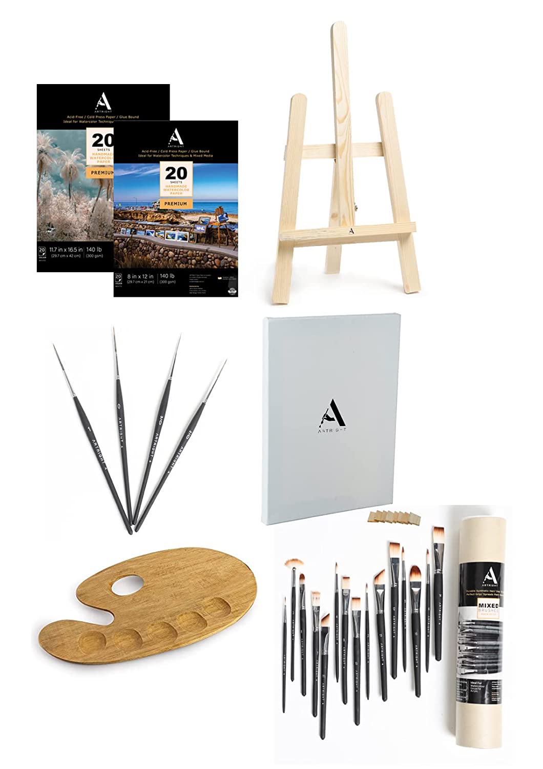 Mega Painting Set Combo for Artists' - 60 Pcs Professional Painting & Art Supply Kit with Wooden Easel (2 Feet), A3 Pre Stretched Canvas, 40 A3 & A4 Watercolor Sheets (300 GSM), Painting Palette, Mix Paintbrush Set of 19 with 4 Free Liner Brushes