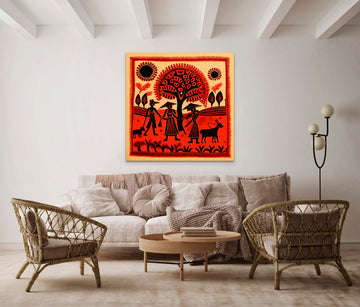 "Timeless Charm: A Traditional Warli Art Painting Print Depicting Farmers in the Fields"
