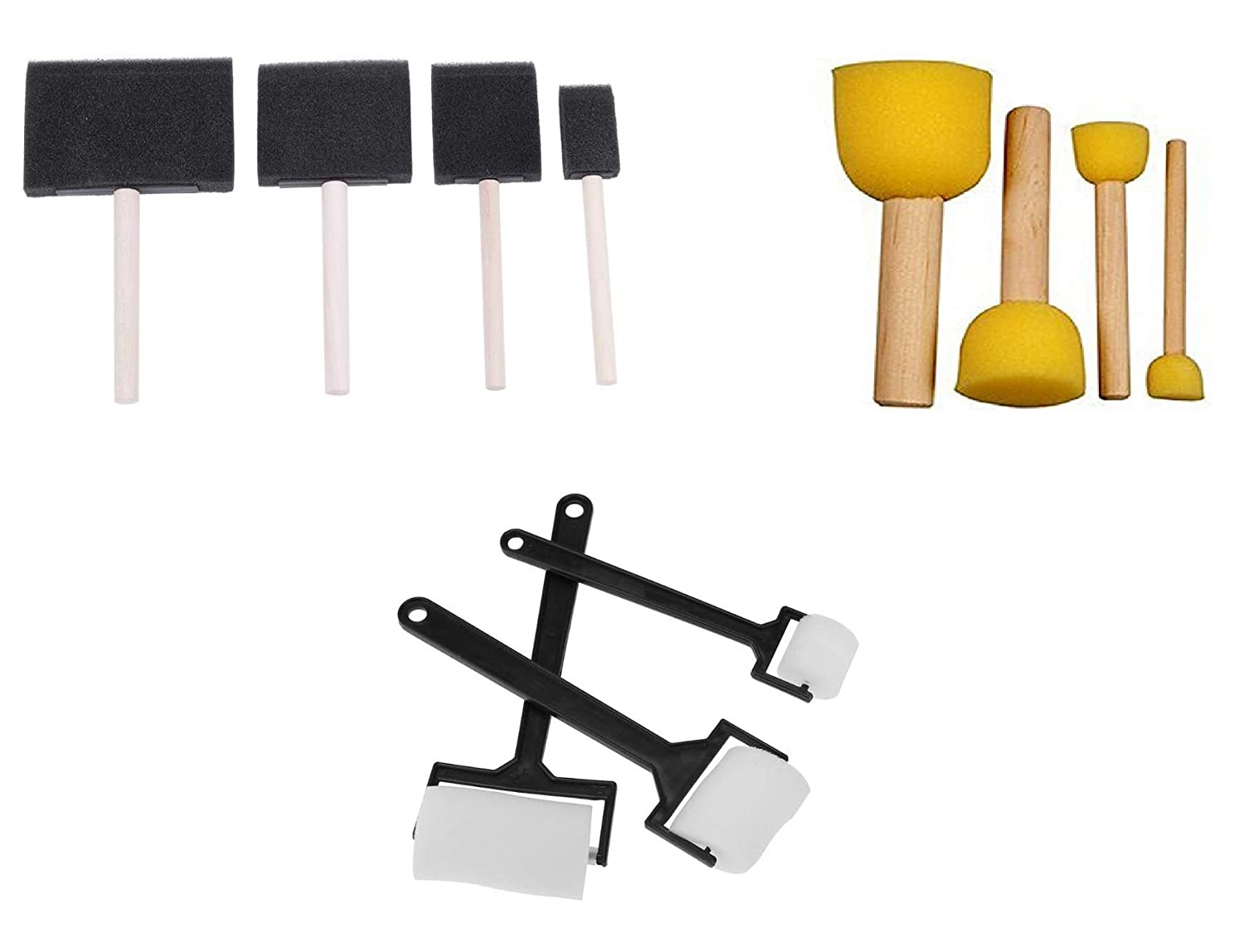 Sponge Brush Ser for Painting, Art and Craft Projects (Complete Set with Roller, Flat and Round Sponge Brushes)