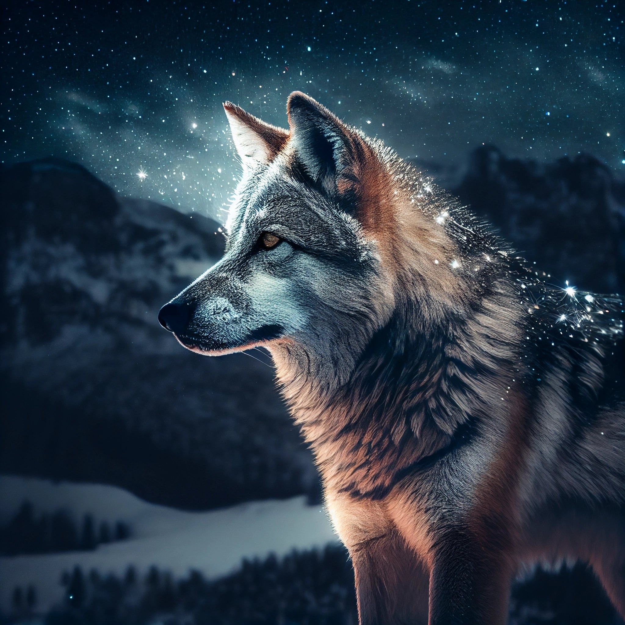 "Mystical Guardian: Digital Artwork Print of a Wolf with Magical Background"