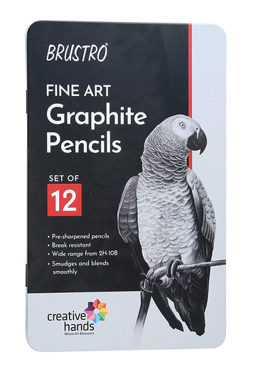BRUSTRO Artists Fineart Graphite Pencil Set of 12 (10B-2H) with Tin Box