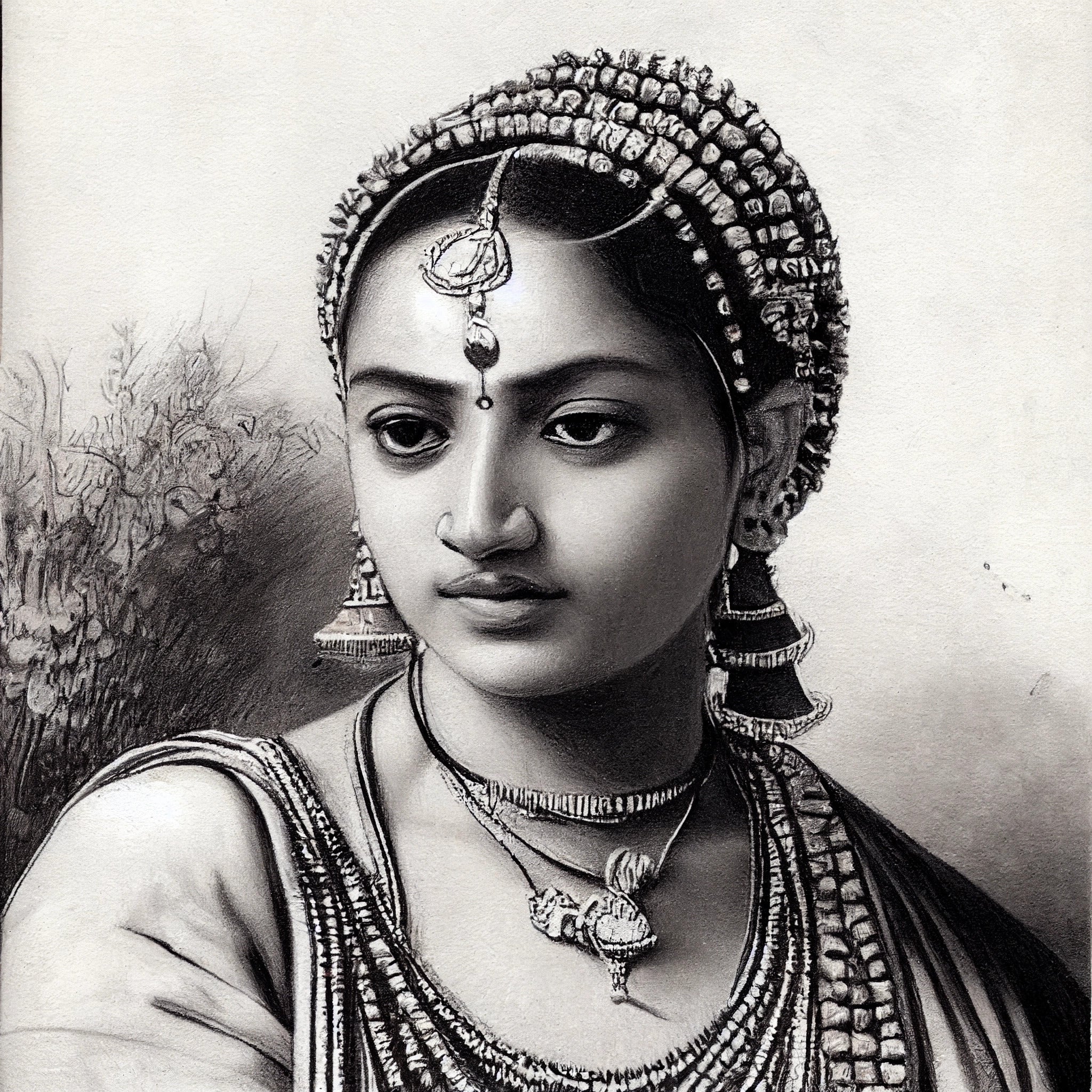 "Timeless Beauty: Black-and-White Portrait print of an Indian Woman in Traditional Attire"