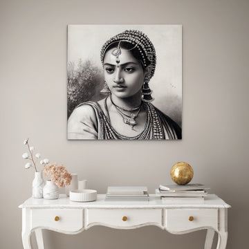 "Timeless Beauty: Black-and-White Portrait print of an Indian Woman in Traditional Attire"