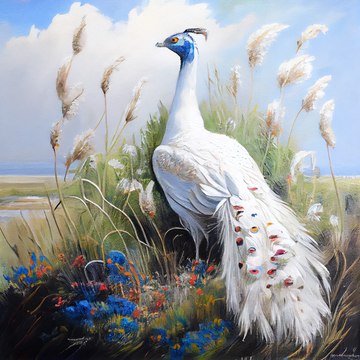 "Graceful Beauty: Captivating White Peacock Print with Blooming Flowers"