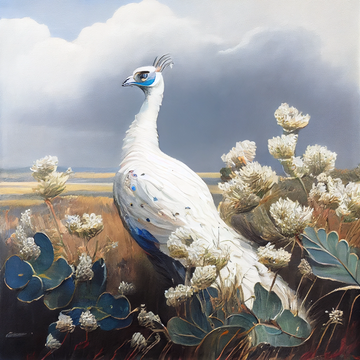 "Majestic White Peacock and Flowers Painting Print - Transform Your Space with Serenity and Beauty"
