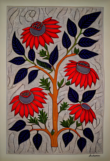 Radiant Blooms: A Madhubani Artwork Print of Stunning Red Flowers