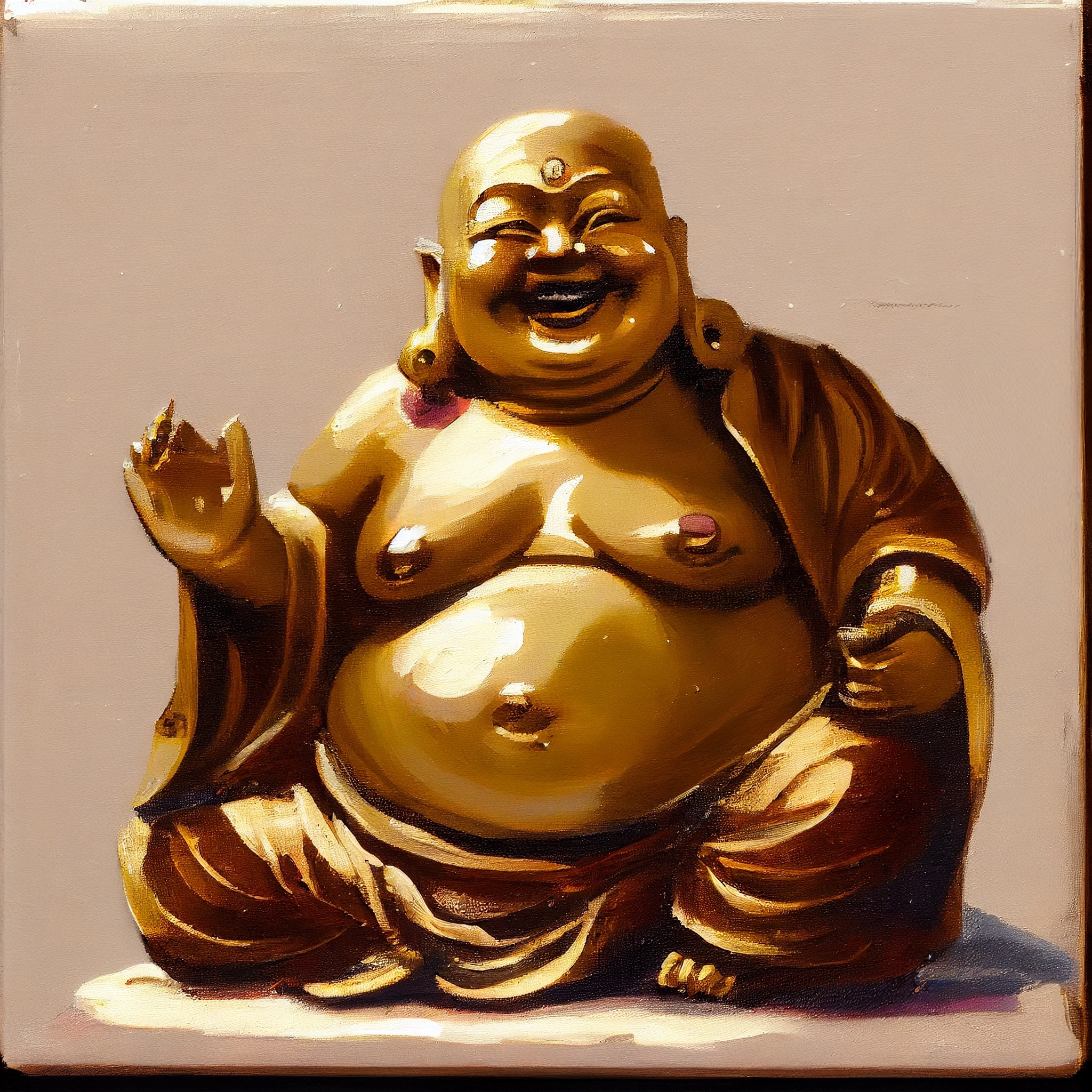 Serene Joy: Oil Art Print of a Laughing Buddha - Ideal for Living Room and Office Wall Decor