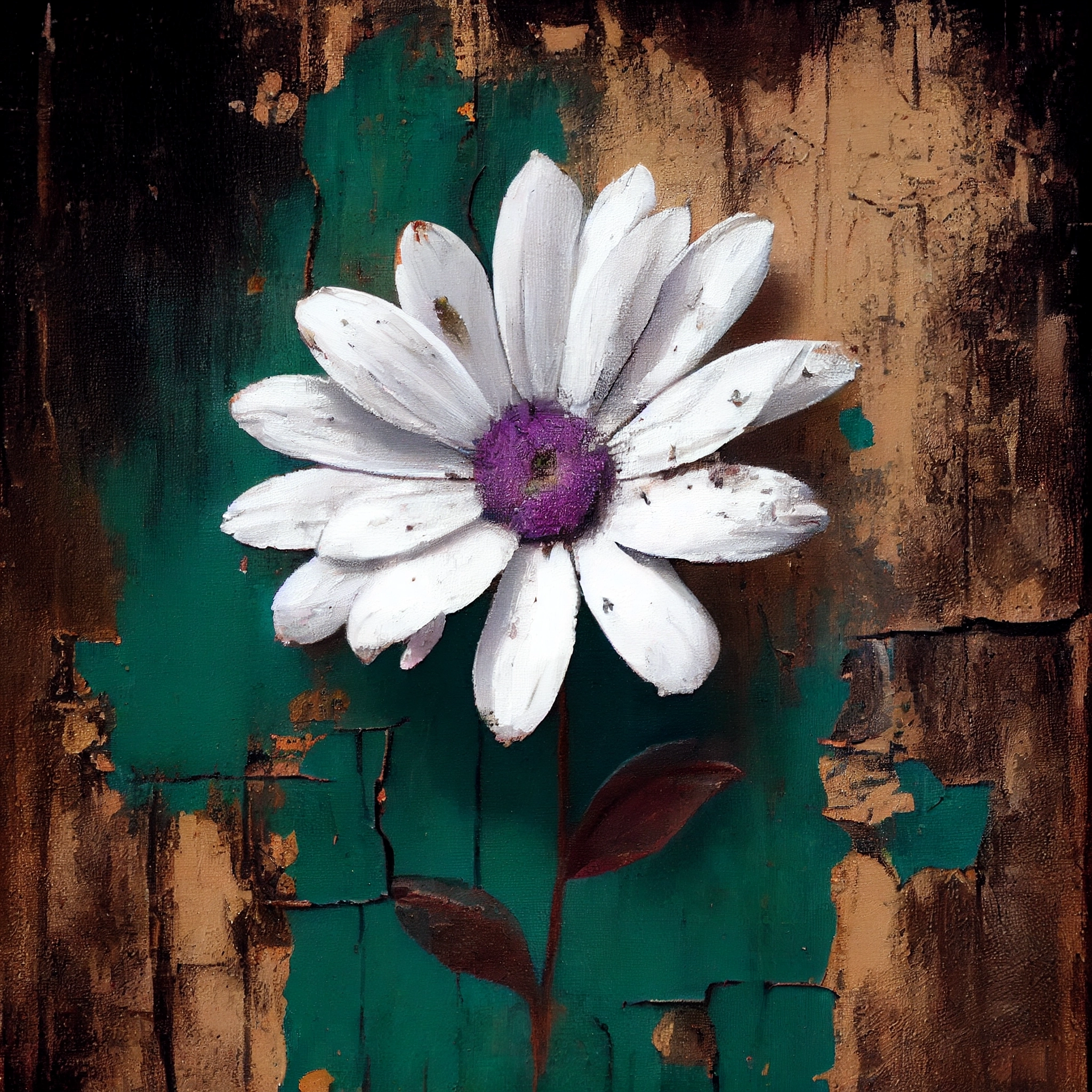 Serene Bloom: A Stunning Oil Painting Print of a White Flower on a Rusty Green Background