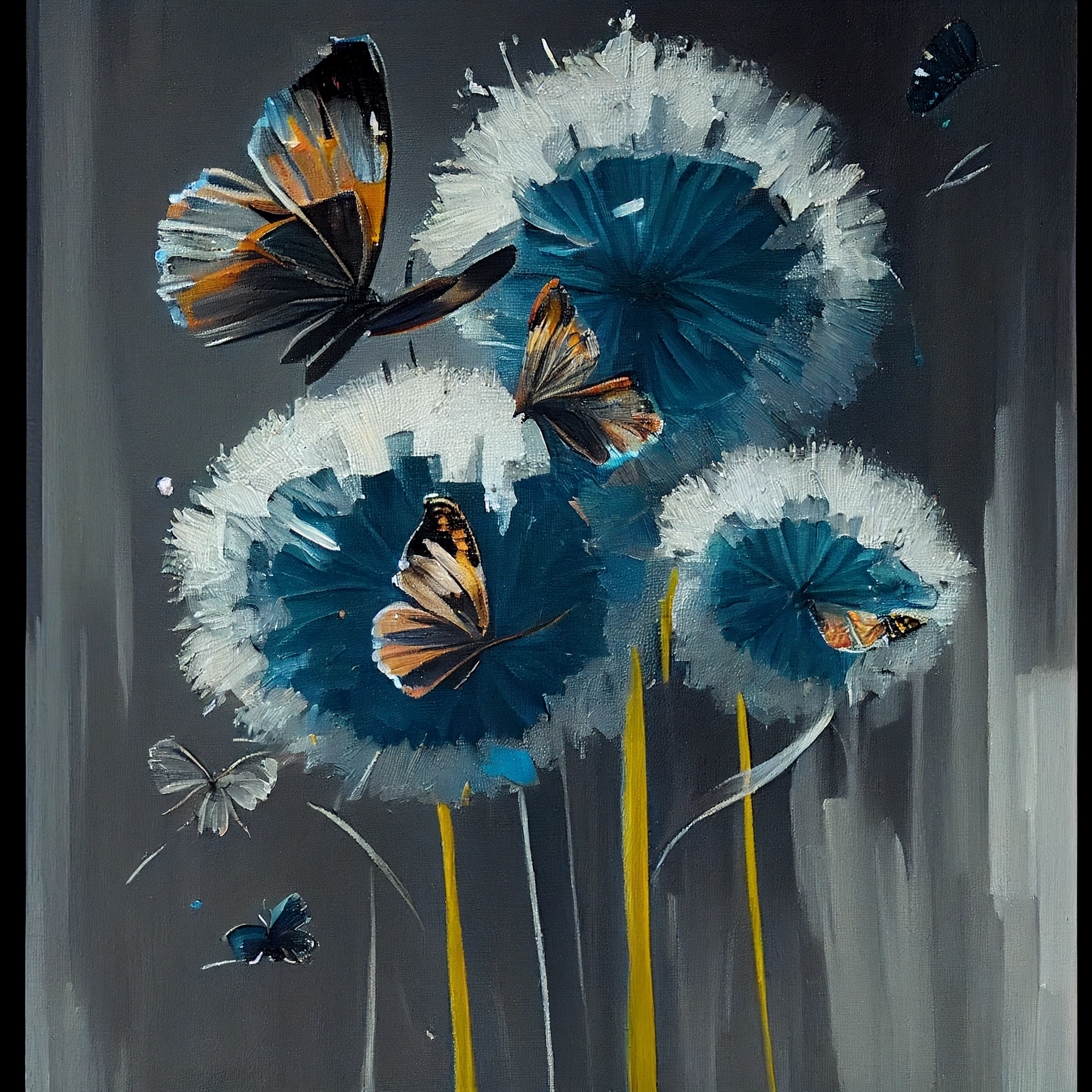 Fluttering Dreams: An Enchanting Oil Painting Print of Butterflies and Dandelions
